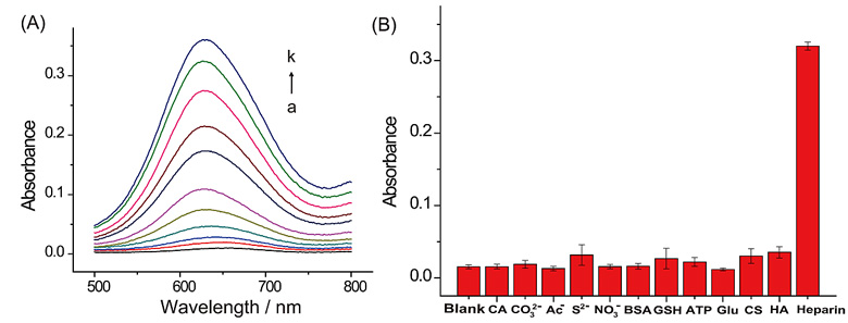 图二.(A)不同肝素浓度条件下金纳米簇催化体系的吸光度;(B)该体系对肝素的选择性